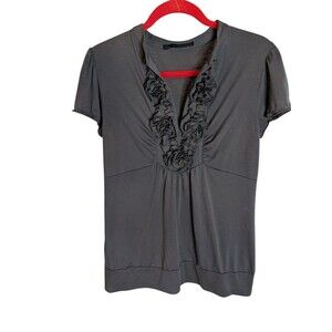 Maurices Short Sleeve Ruffle V Neck Gray Ruched Stretch Blouse - Large